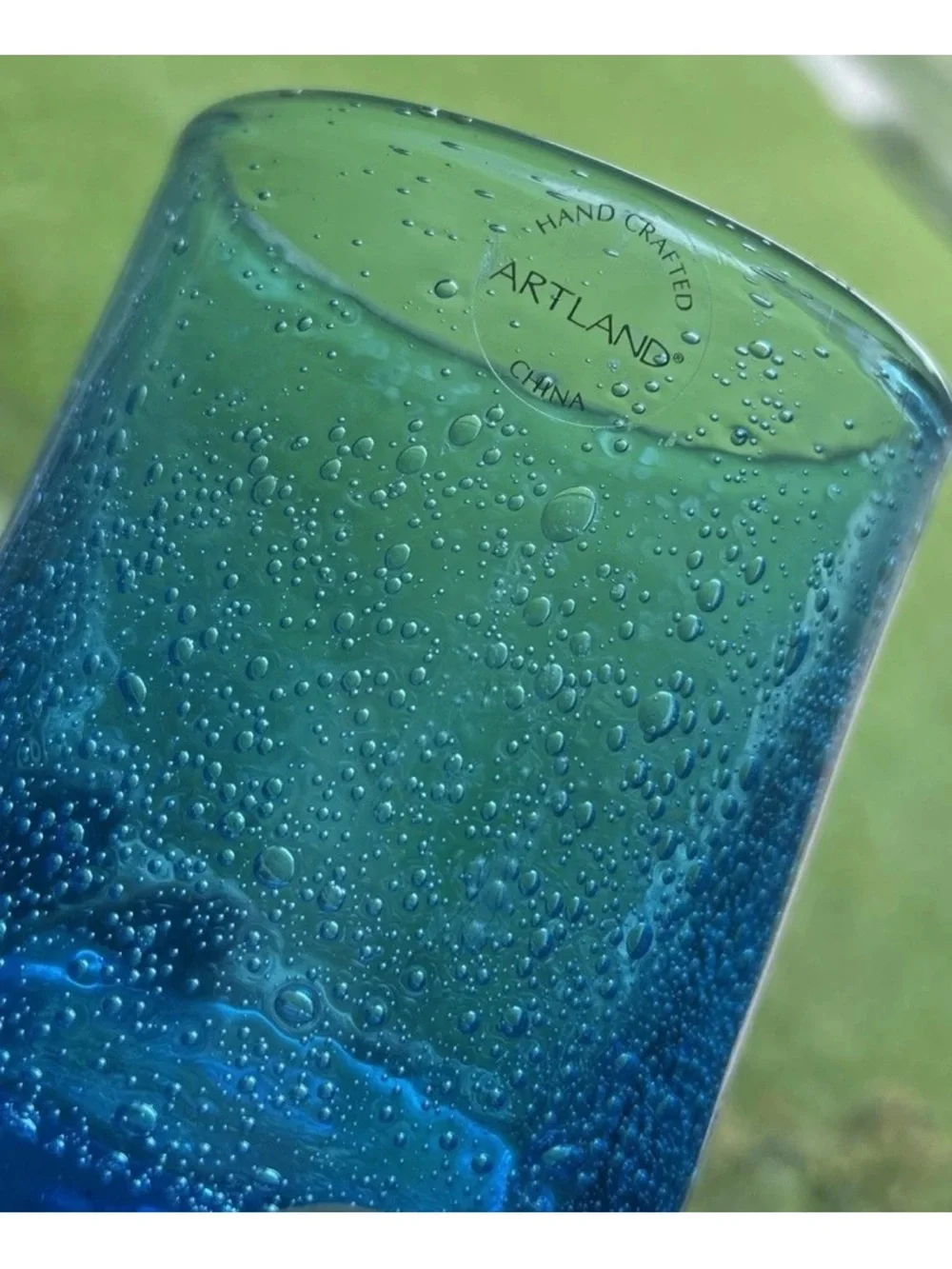 4 ARTLAND Iris Turquoise Double Old-Fashioned Glasses Seeded Bubbles Handcrafted